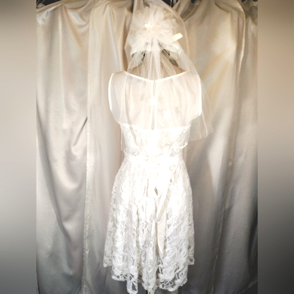 2 Pc: Lace Wedding Dress+ Cap Veil, White Sleeveless, Sequin & Beaded Cap, 4